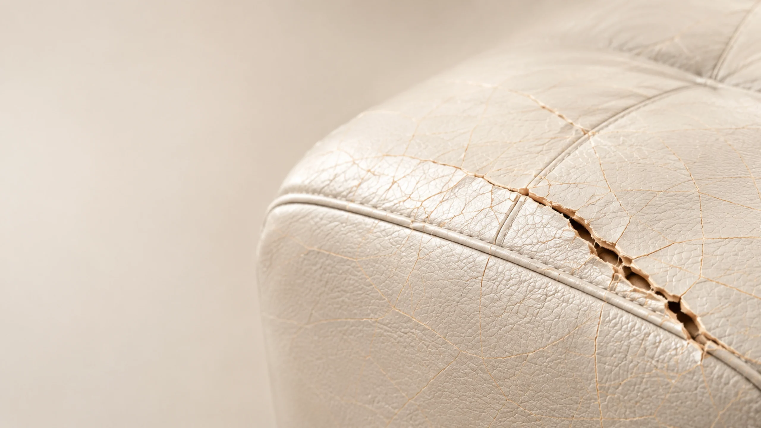 Cracked commercial leather seat panel with color loss and surface wear before repair