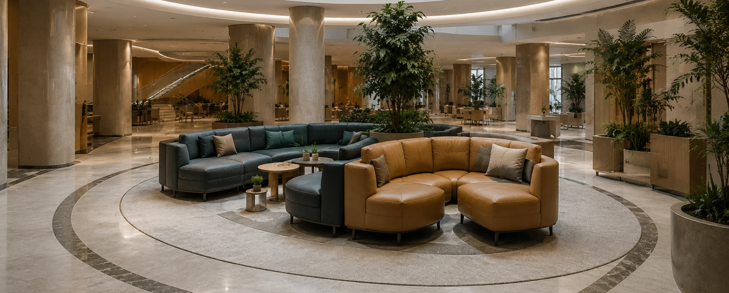 Curved leather sectional and sofa in a mixed-use lobby