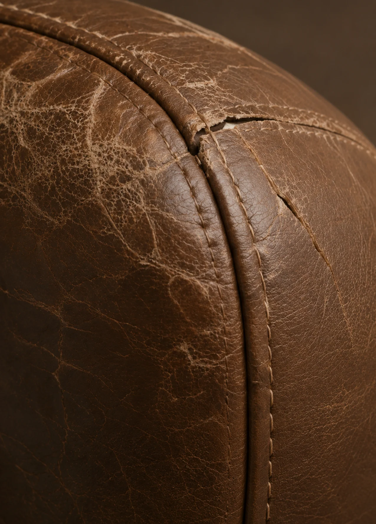 Worn and cracked leather armrest on commercial chair