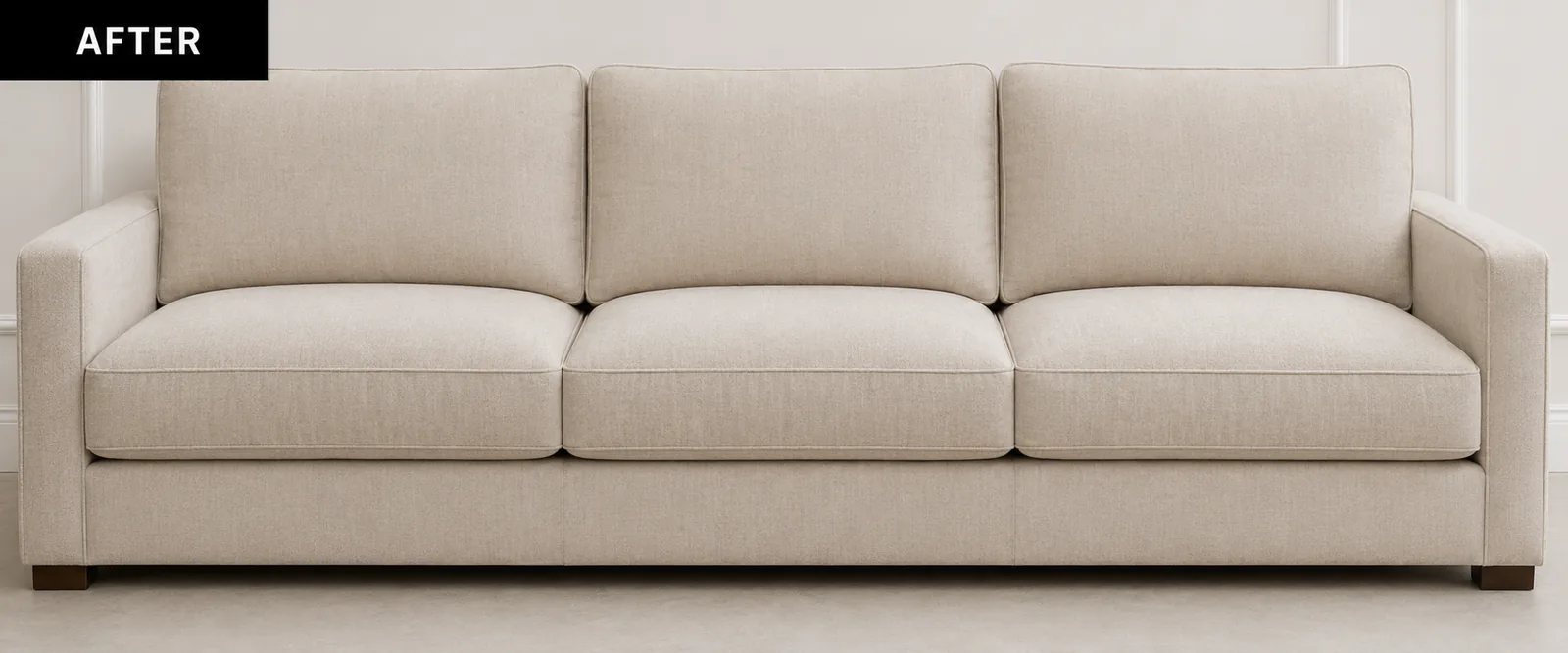 After: the same pale sofa with the seat cushions rebuilt, level and square across the run