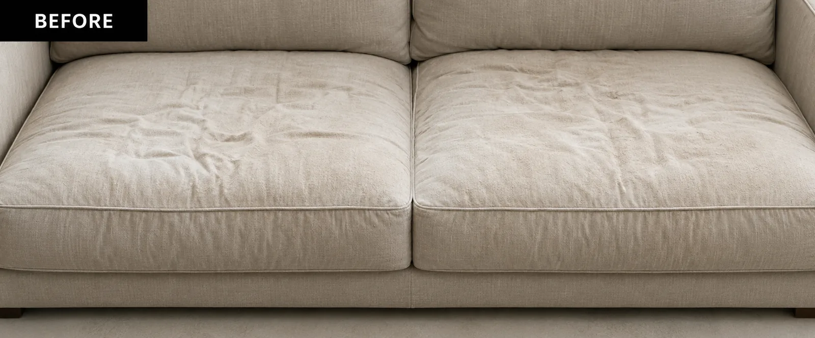 Before: pale sofa with the seat cushions creased and sagging into the frame