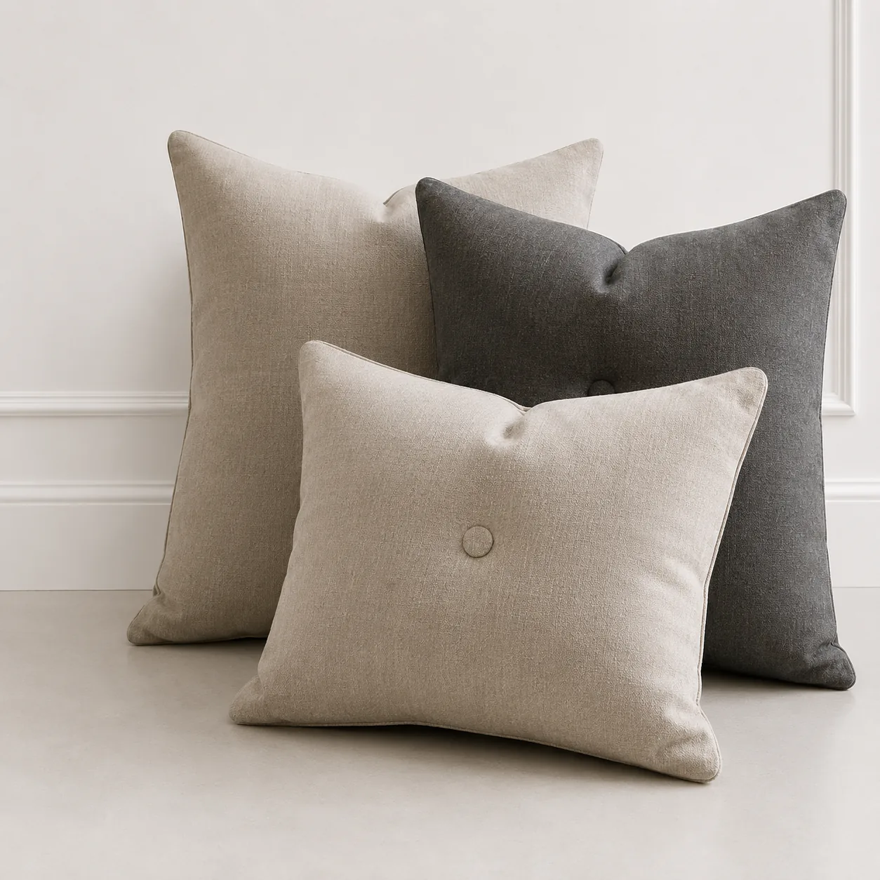Three decorative pillows in cream and charcoal, two square and one with a covered button