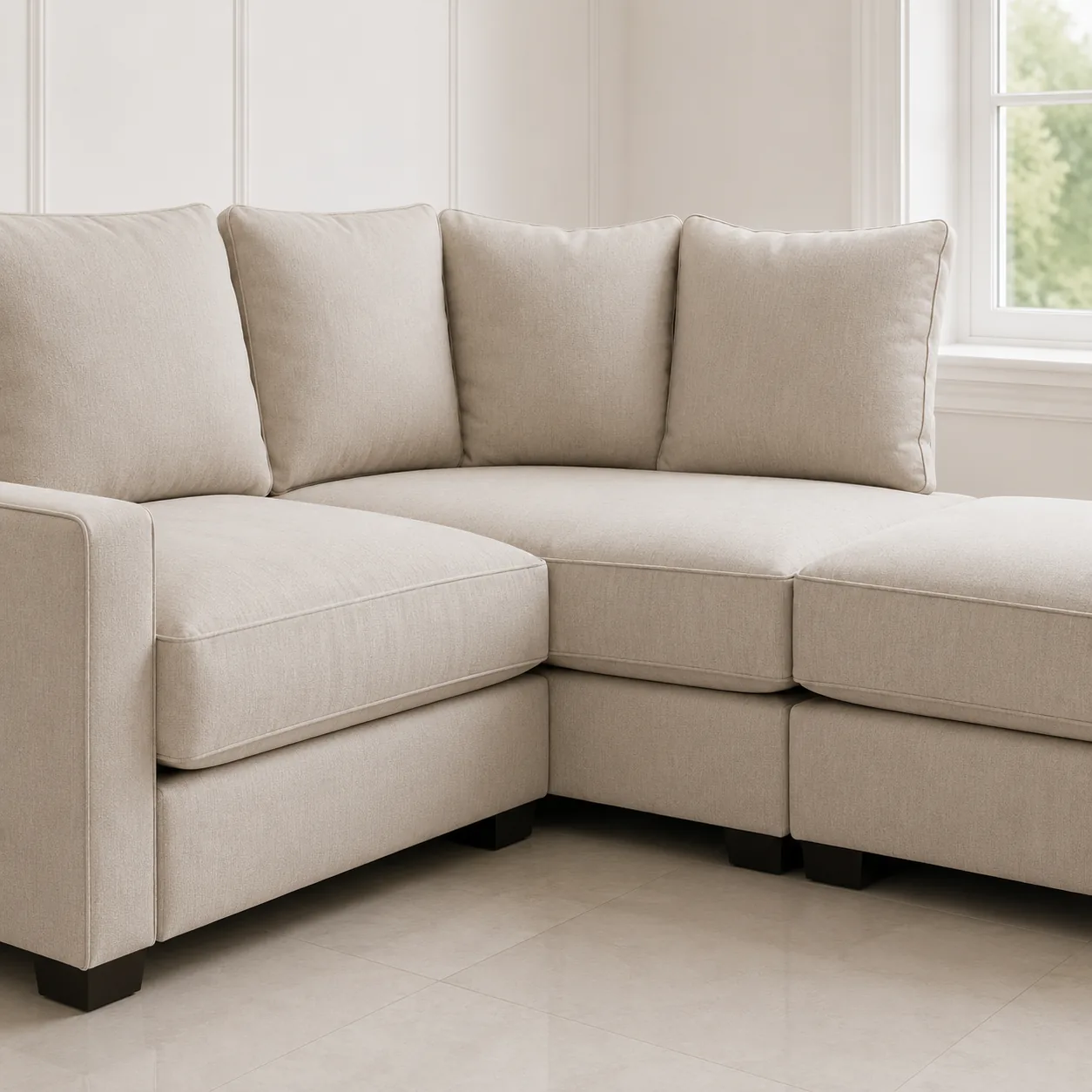 Corner of a cream sectional showing the wedge cushion where the two runs meet