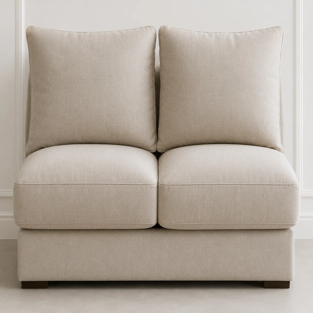 Cream upholstered loveseat with two square seat cushions and two back cushions