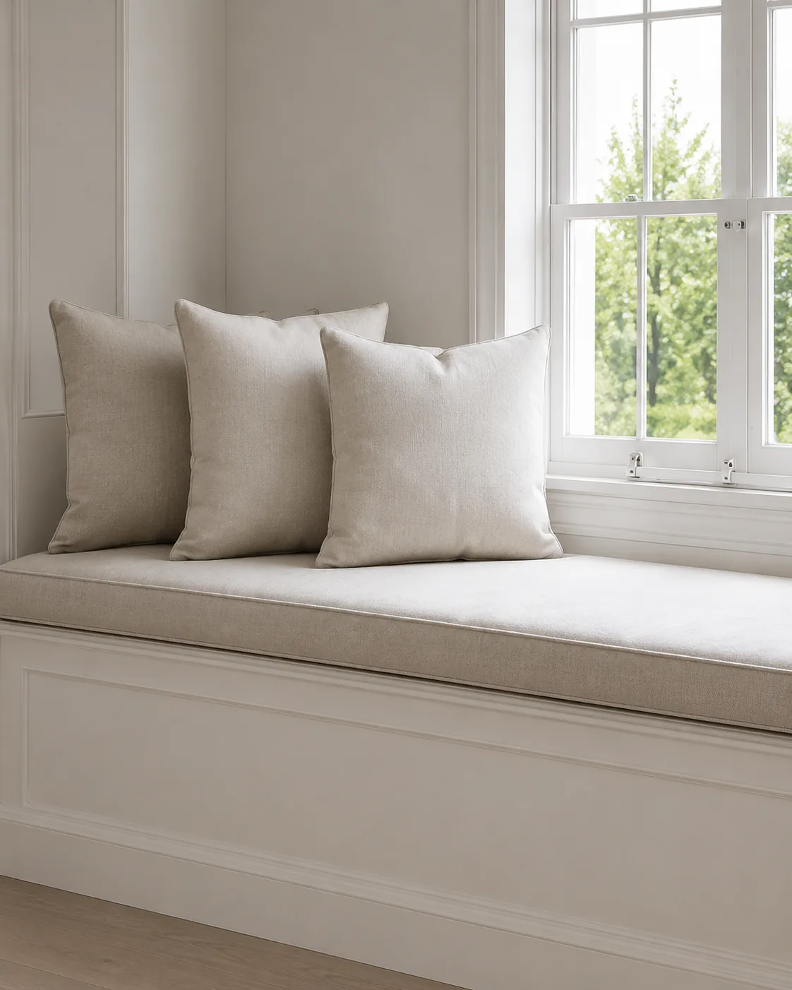 Built-in window seat with a full-length pale cushion and two throw pillows