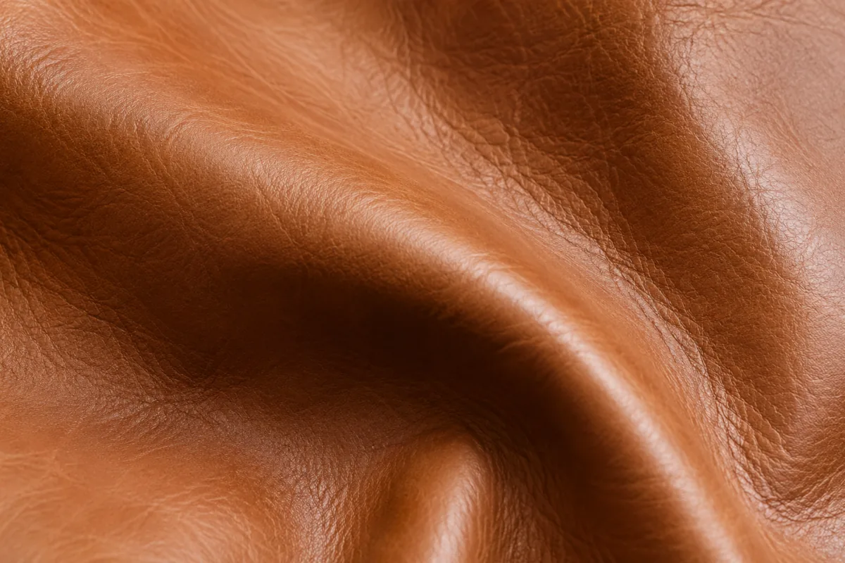 Aniline leather swatch showing uncoated natural grain, one of the upholstery material types we restore