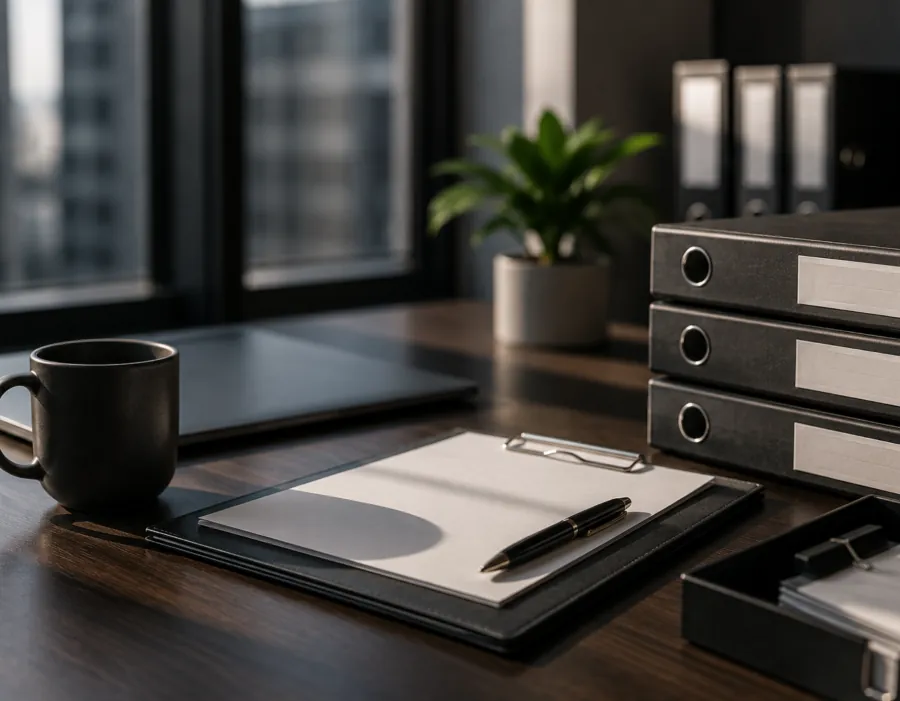 Vendor paperwork and binders on an office desk for approved vendor onboarding