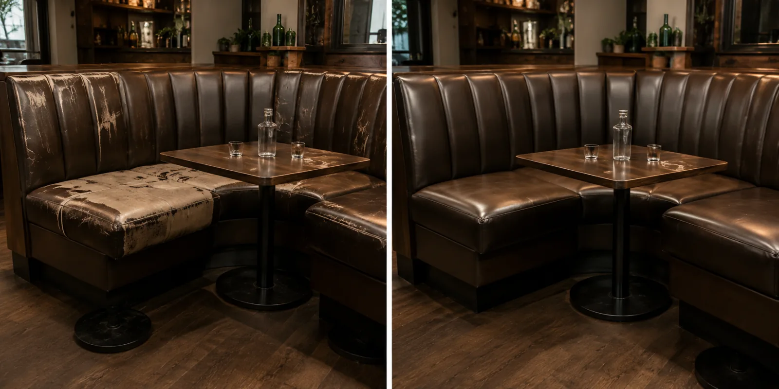 Before and after of back-to-back restaurant booths — a torn seat between two dark brown runs, then both faces recovered together