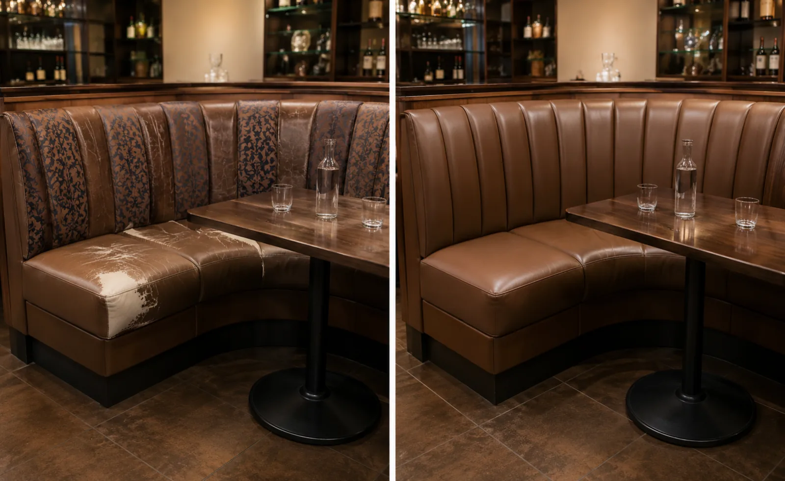 Before and after of a bar corner booth — a split seat and patched back panels, then the same booth recovered in brown leather