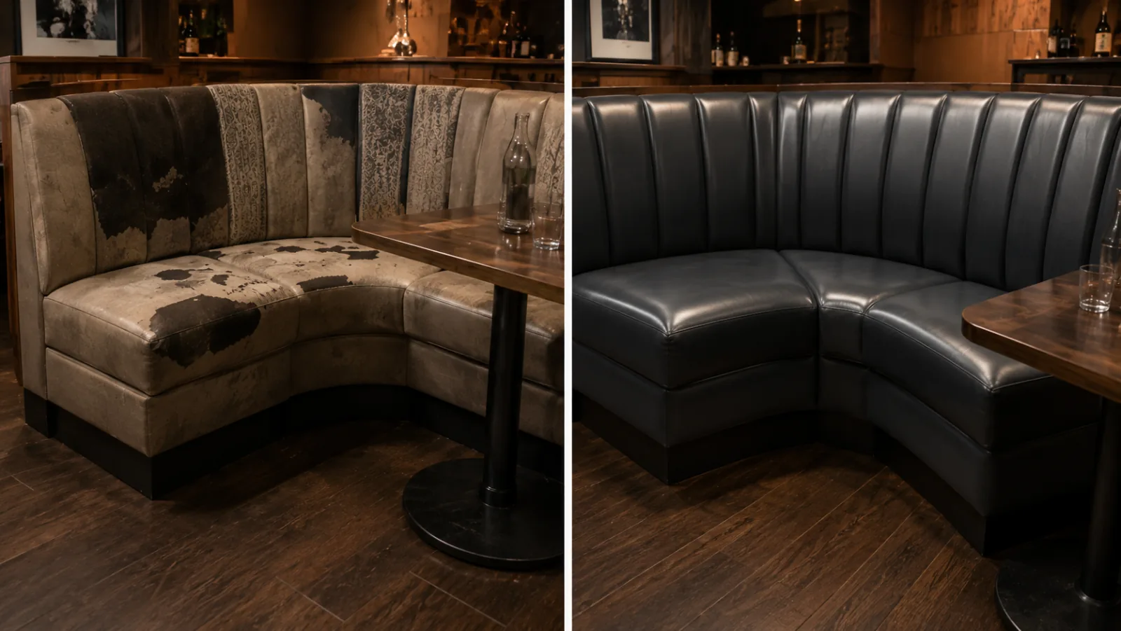 Before and after of a corner booth — a pale run stained through the seat and back, then the same booth recovered in black