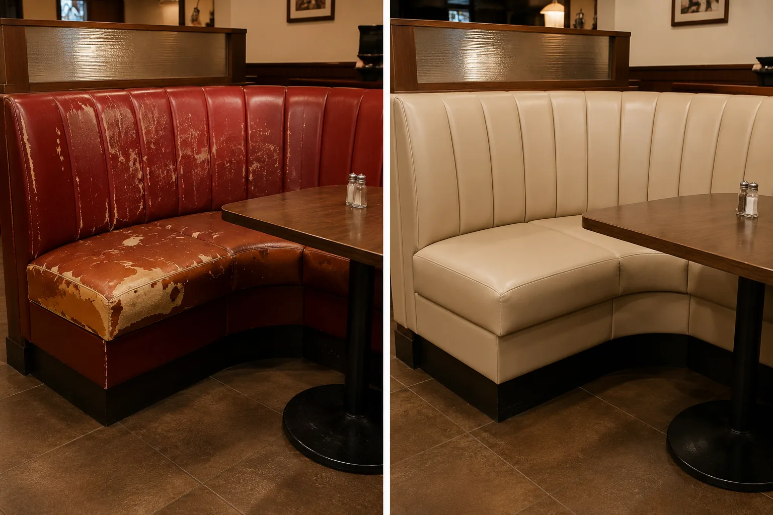 Before and after of a restaurant corner booth — a red back and a shredded seat deck, then the same booth recovered in cream
