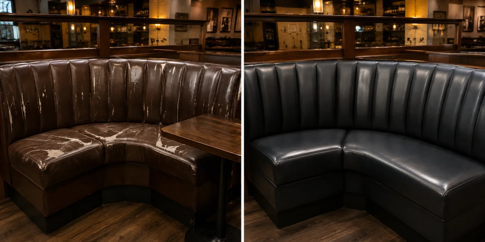 Before and after of a curved corner booth — a cracked brown seat and back, then the same curve templated and recovered in charcoal