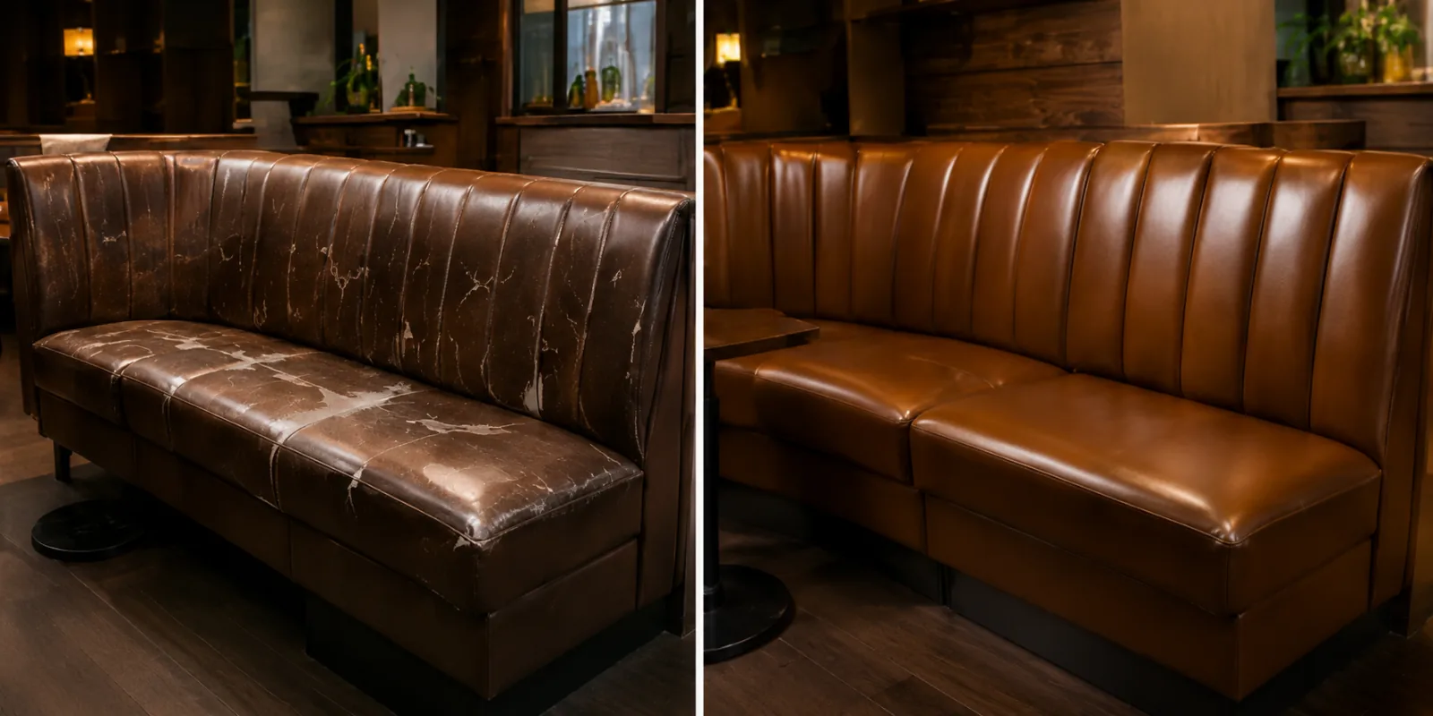A scuffed dark banquette run on the left and the same run recovered in tan leather on the right