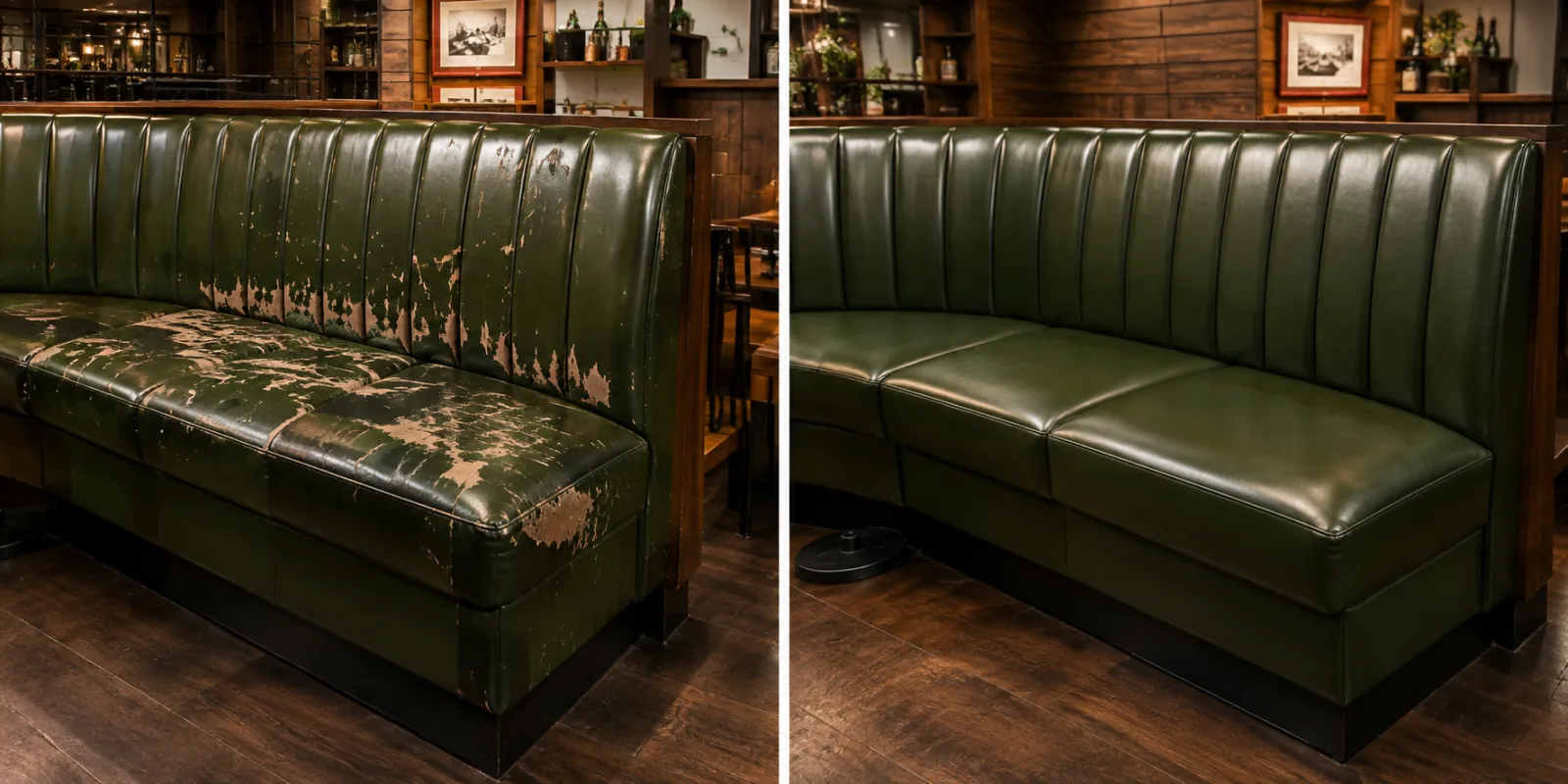 Before and after banquette reupholstery NYC — a green leather wall run worn bare along the top roll and seat, then the same run re-foamed and re-covered in green leather