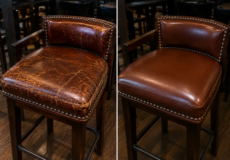 Brown nailhead-trimmed bar stool before and after reupholstery with the studs kept