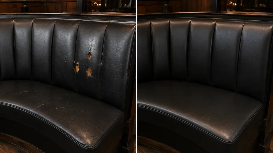 Black channelled booth back with burn holes before repair and unmarked after
