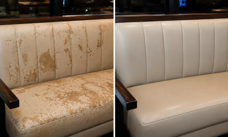 Cream channel-back restaurant bench, stained before reupholstery and clean after