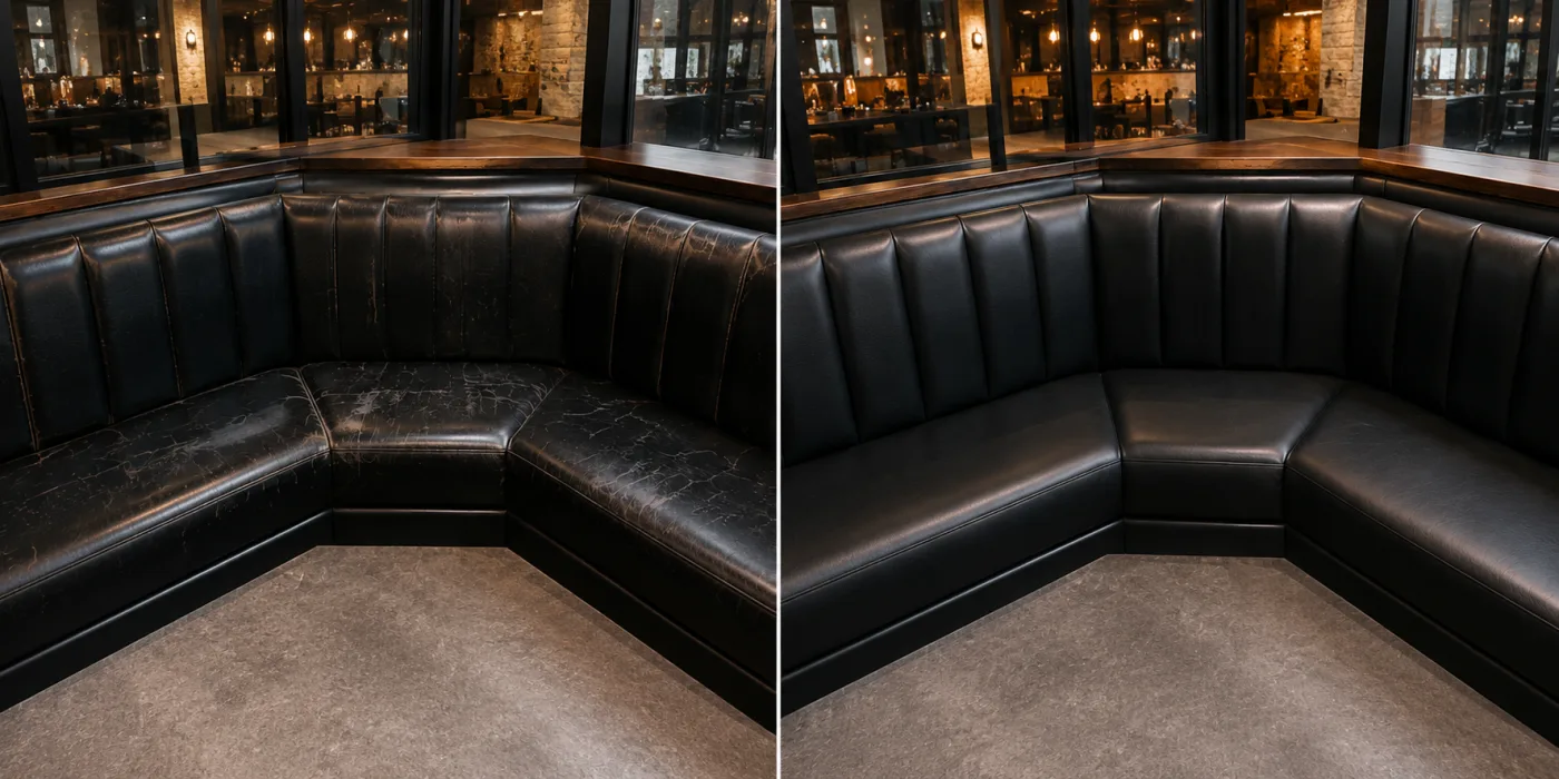Black leather corner banquette run before and after reupholstery in a restaurant dining room