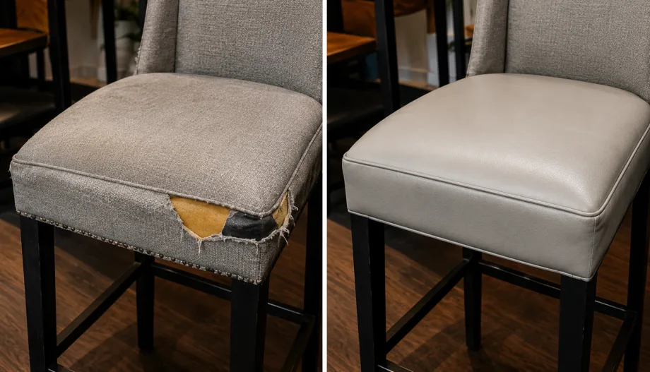 Grey fabric counter-height chair torn at the seat corner, recovered in grey vinyl after