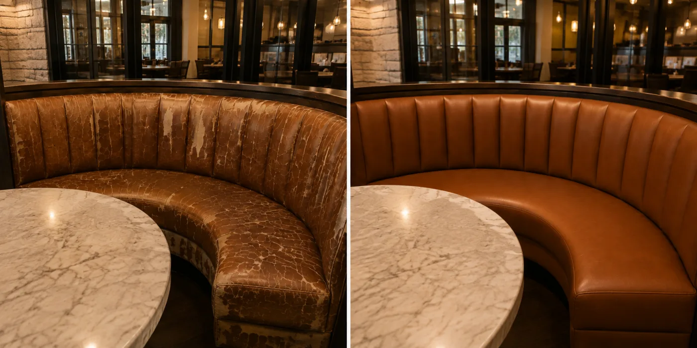 Tan leather curved booth behind marble tables, crazed cover before and recovered after