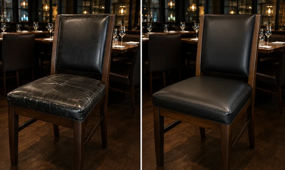 Black restaurant dining chair with a cracked seat before reupholstery and recovered after