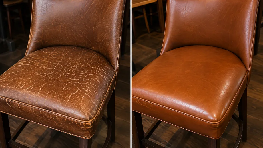 Tan leather restaurant side chair with surface crazing before reupholstery and recovered after