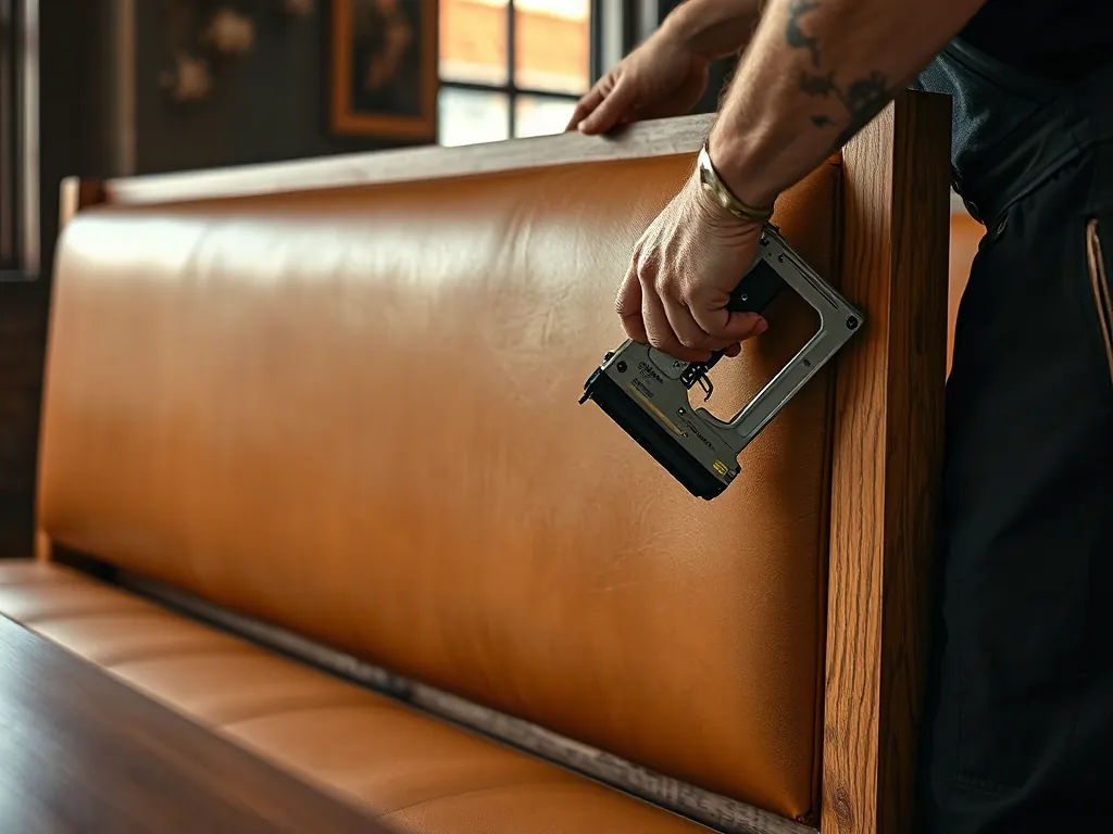 An upholsterer pulling a tan leather cover over a banquette back and stapling it to the frame