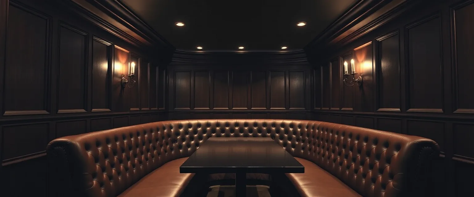 A dark bar interior with a curved tufted banquette, the setting for bar upholstery NYC work carried out after close