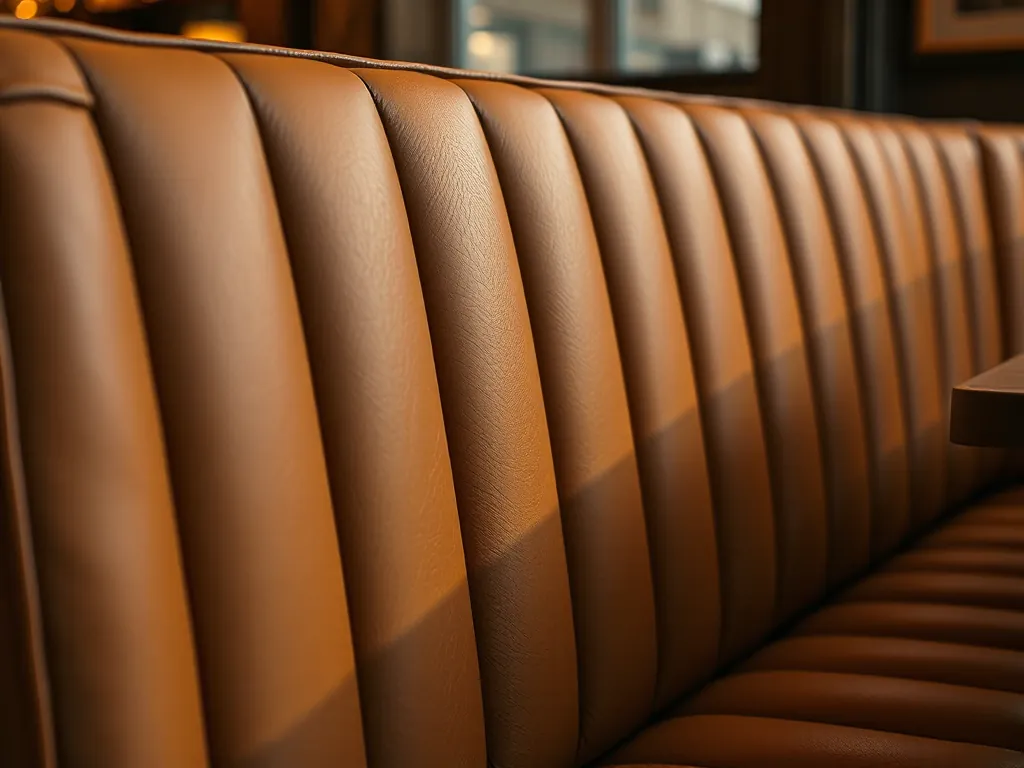 A close view of a finished tan leather banquette back with even vertical fluting
