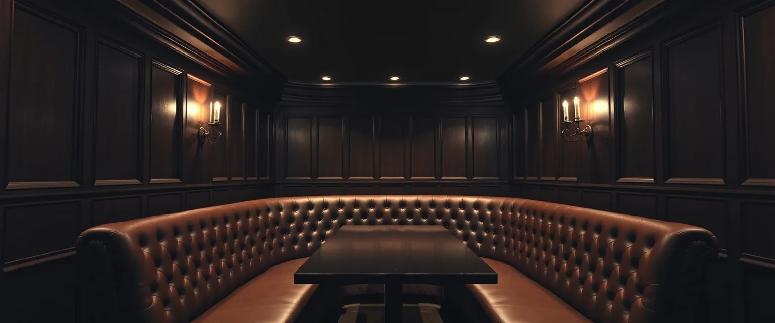 Dark panelled private dining room with a deep-buttoned tan leather booth wrapping three walls around a long table