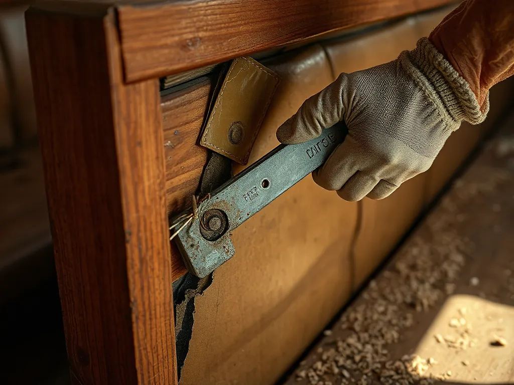 A gloved hand levering old staples out of a wooden upholstery rail with a staple remover