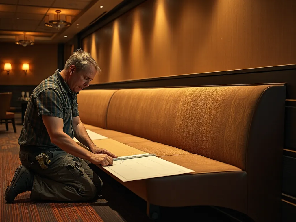 An upholsterer kneeling beside a banquette run, marking a paper template against the seat edge
