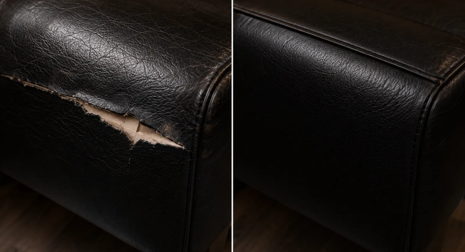 Bench corner in dark leather, torn on the left and closed and recoloured on the right