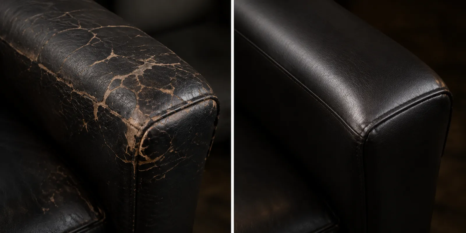 Before and after of a black bar seat arm with the flaking finish rebuilt