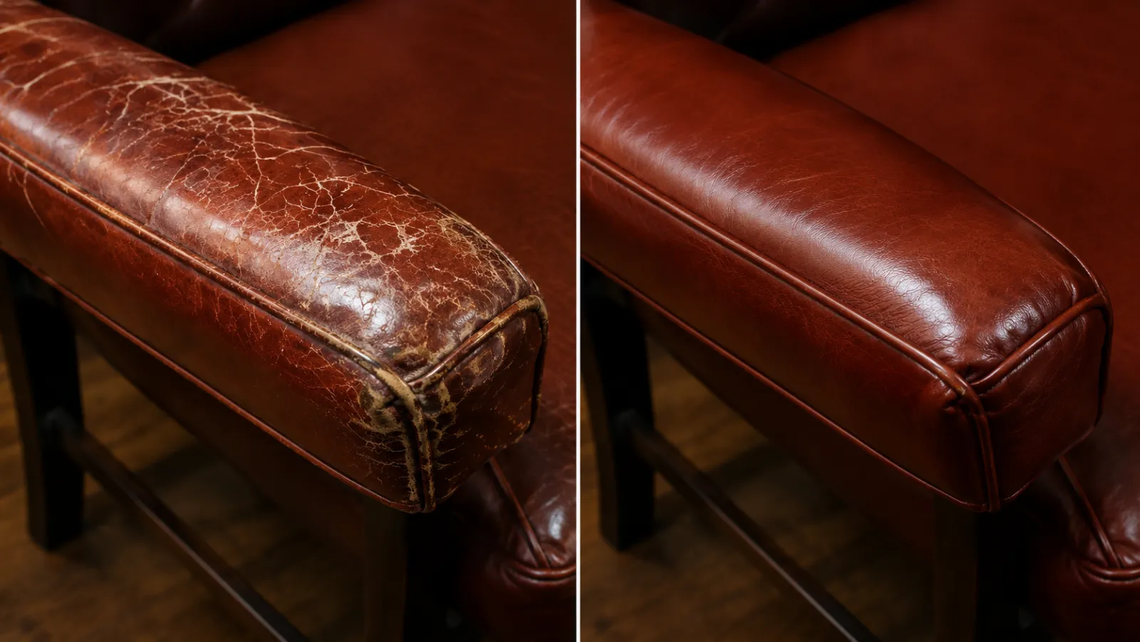 Cognac leather arm top crazed and worn pale on the left, refinished and glossy on the right