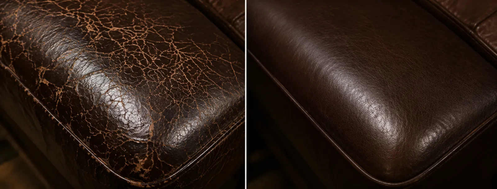Dark brown seat cushion crazed across the crown on the left, refinished on the right