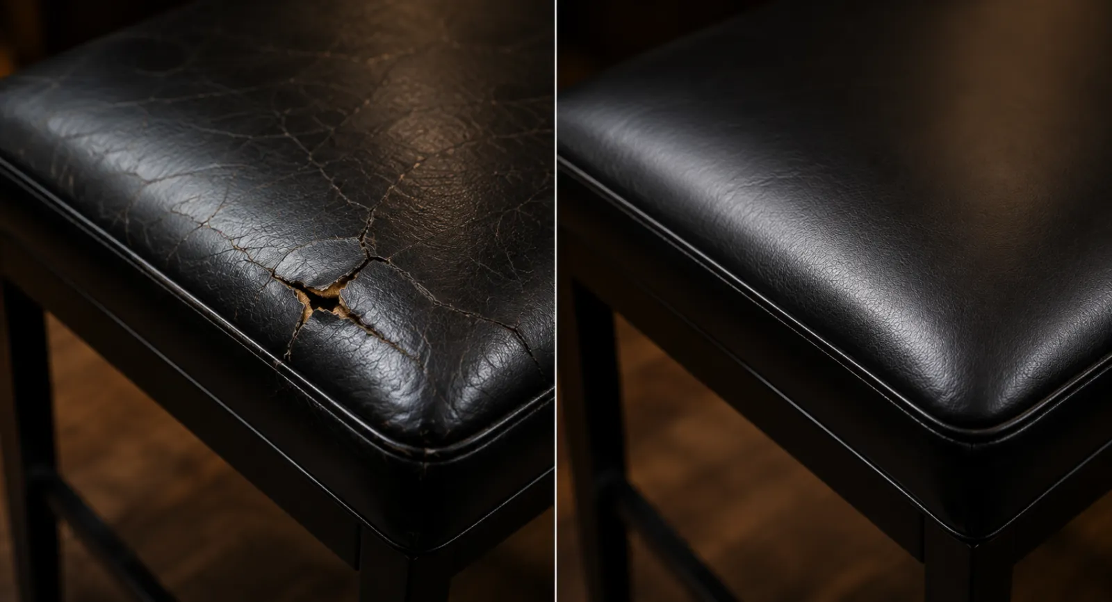 Black bar stool seat cracked through at the centre on the left, filled and refinished on the right