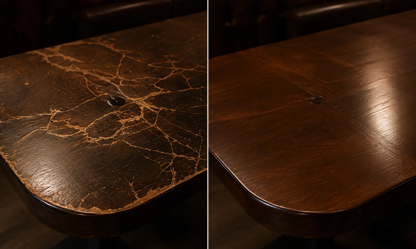 Leather table top heavily crazed and flaking on the left, refinished and even on the right