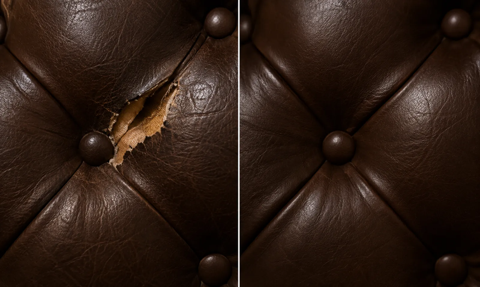 Tufted brown leather seat back, torn beside a button on the left and repaired on the right