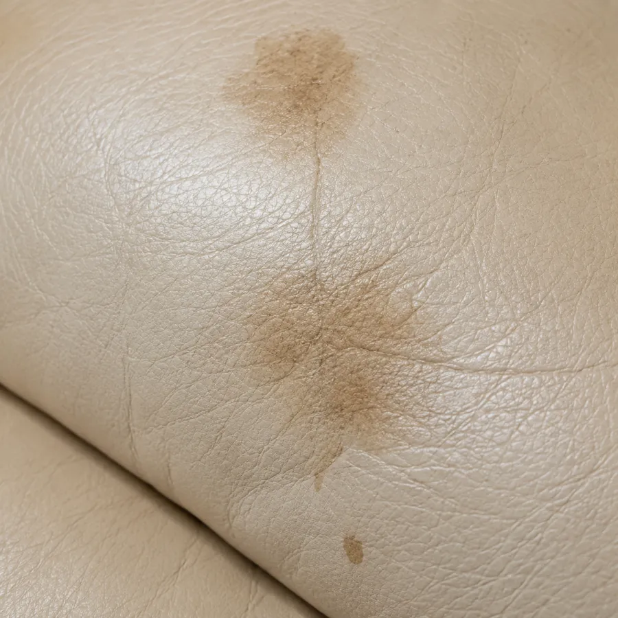 Brown blotches soaked into a cream leather seat cushion