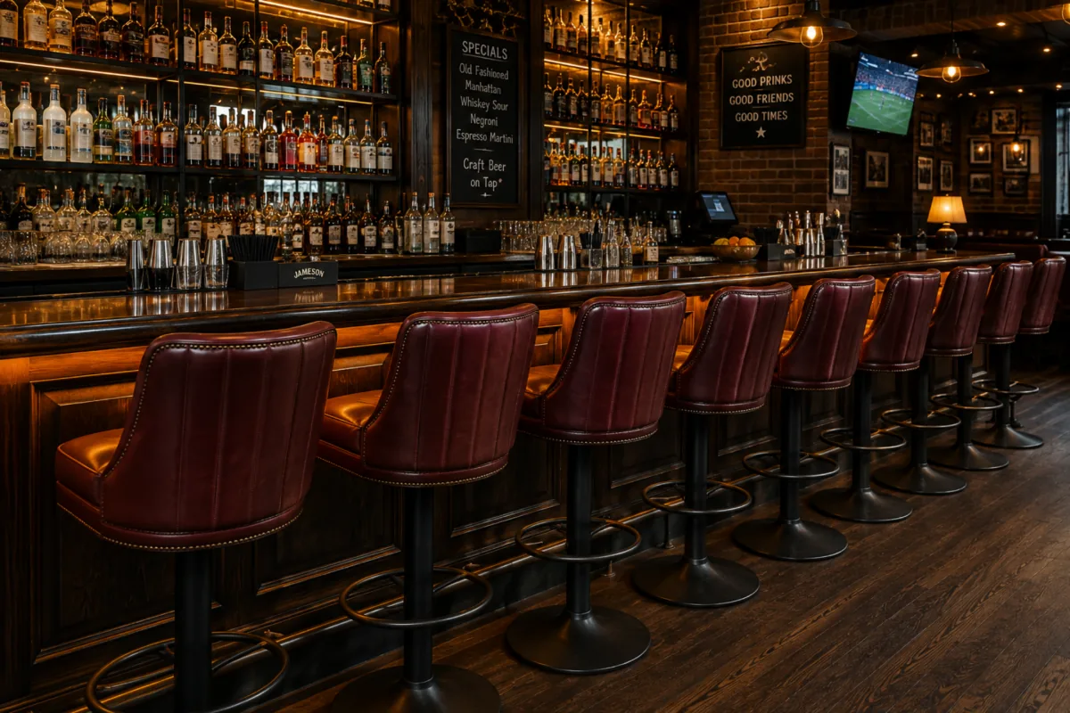 A row of oxblood leather bar stools along a back-lit bar