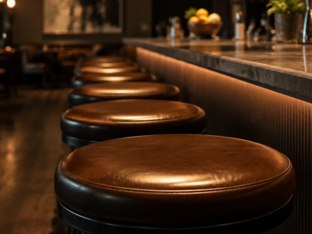 Row of round brown leather bar stools along a lit bar counter after last call