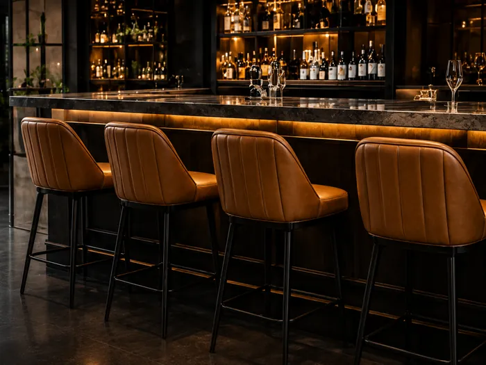 Tan leather bar stools with black legs at a lit back bar