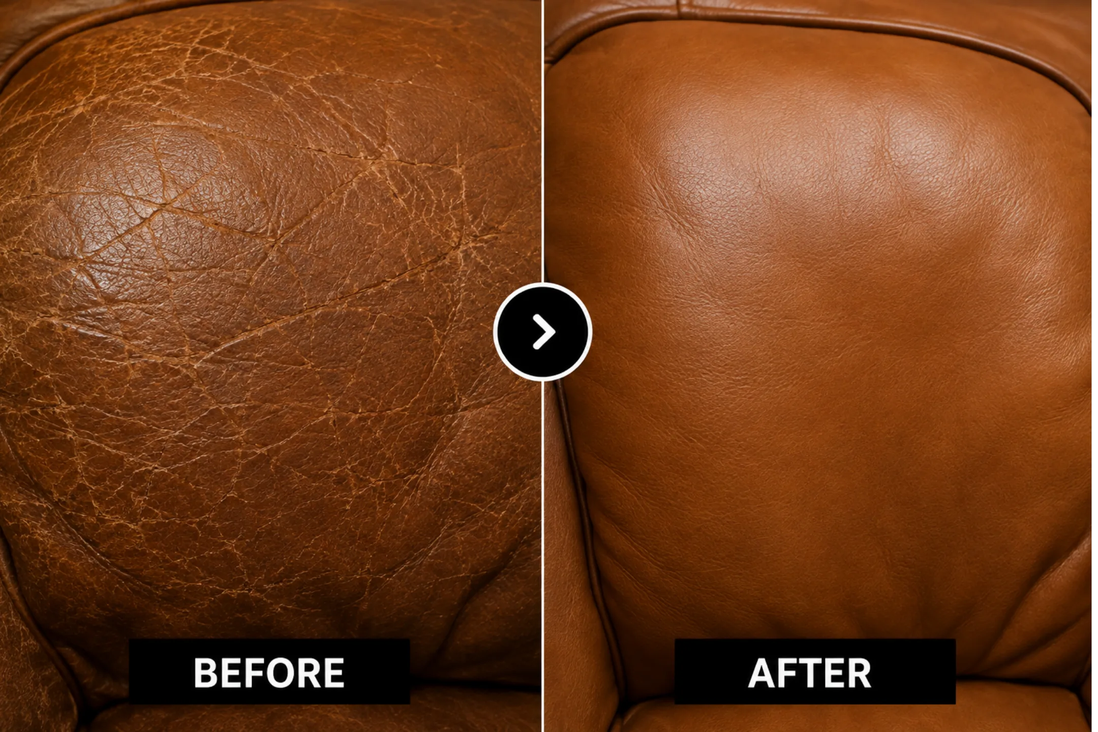 Aniline leather seat back before and after restoration: crazed and faded on the left, tone rebalanced with grain intact on the right