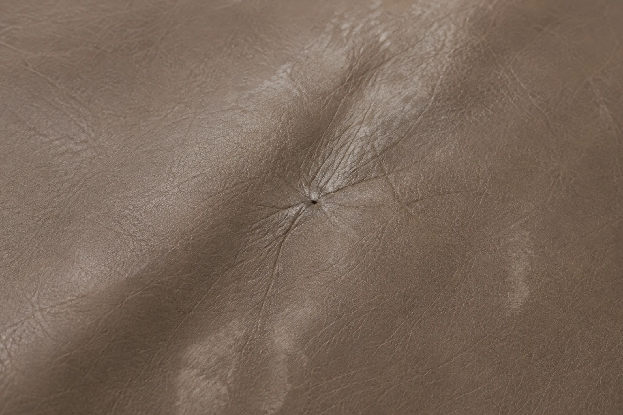 Dark polished patch of body oil worked into taupe leather over months of contact