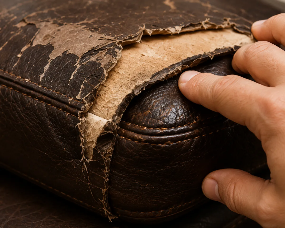 Hand lifting a detached sheet of bonded leather coating away from the backing of a cushion