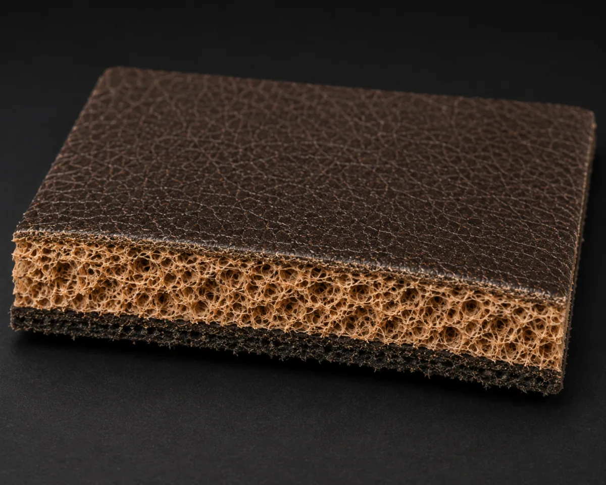 Macro cross-section of bonded leather showing distinct manufactured layers over a fiber composite and backing