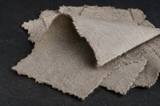 Torn offcuts of bonded leather sheet with ragged edges, showing a matted pressed-fibre body rather than a woven backing or a hide