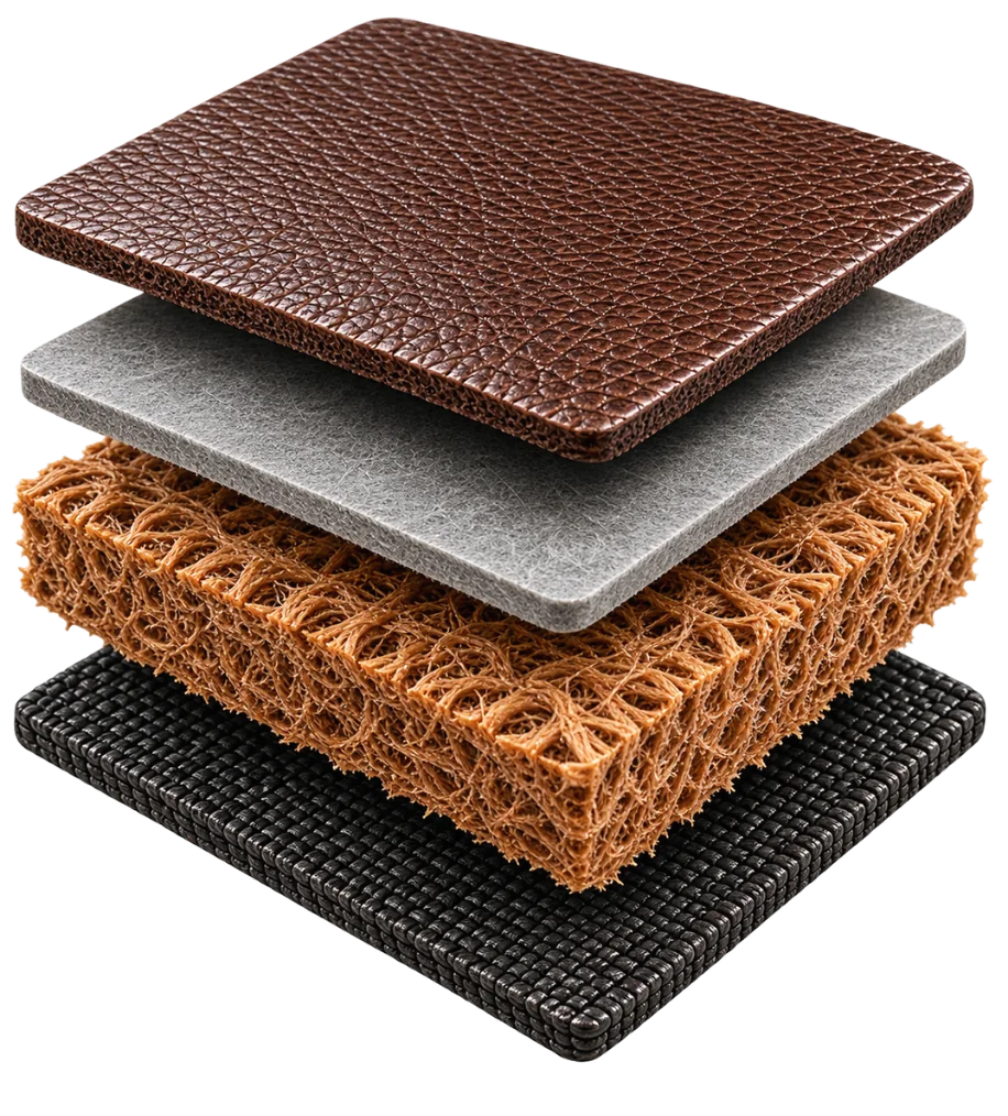 The four layers of bonded leather separated and stacked: grained color finish, polyurethane film, leather-fiber composite and woven backing