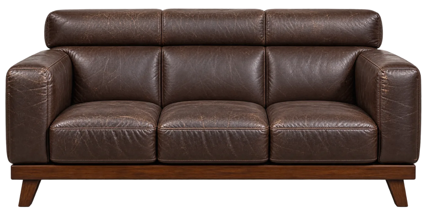Three-seat brown bonded leather sofa marked with the five areas where peeling most often begins: headrest, armrest, seat front, seat cushion and seams